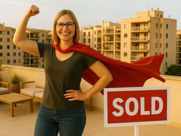 Confident woman ready to sell her house fast with glasses and red cape standing on a Palma rooftop terrace, celebrating a home sale with a bold “SOLD” sign