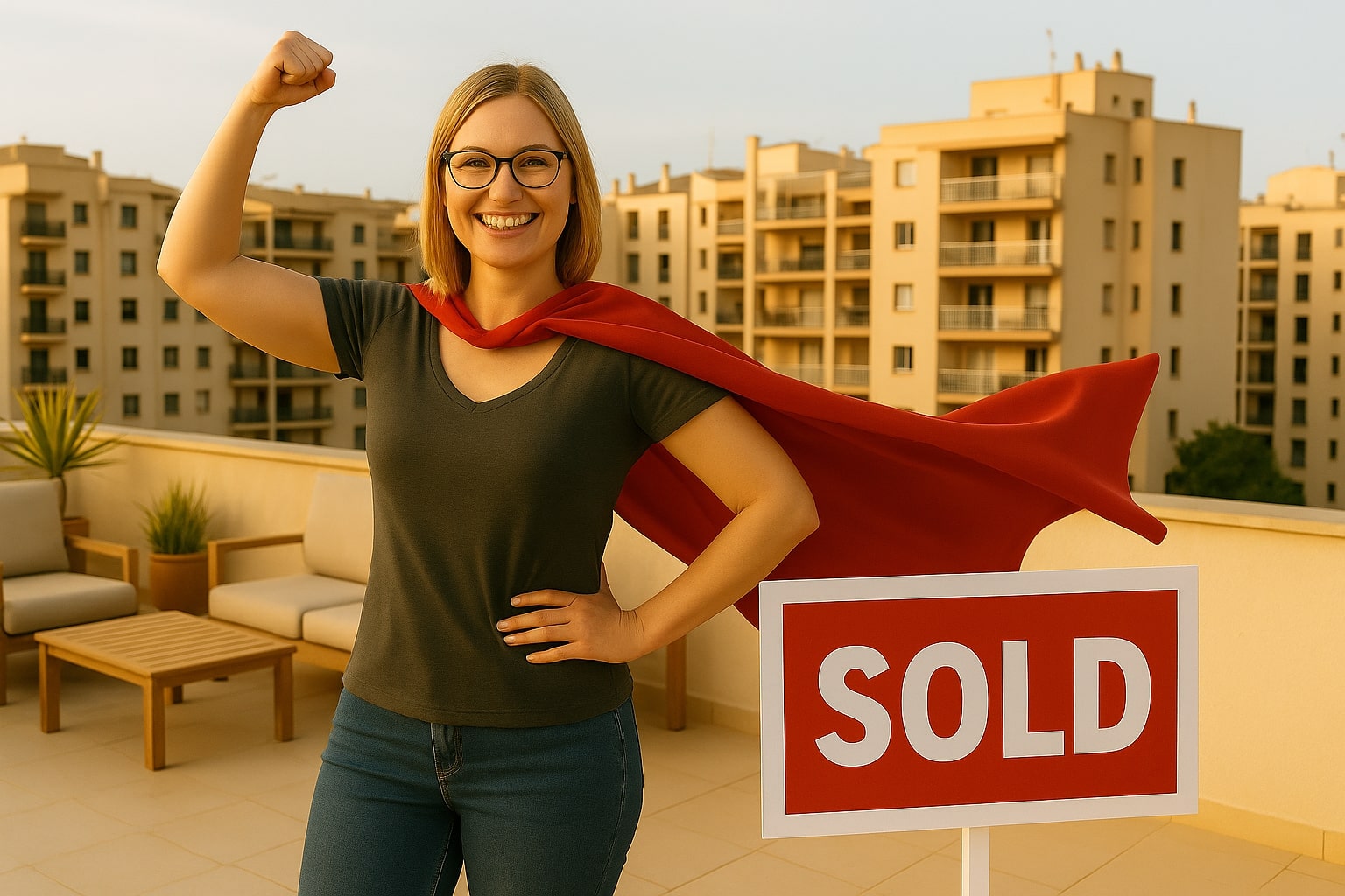 Confident woman ready to sell her house fast with glasses and red cape standing on a Palma rooftop terrace, celebrating a home sale with a bold “SOLD” sign
