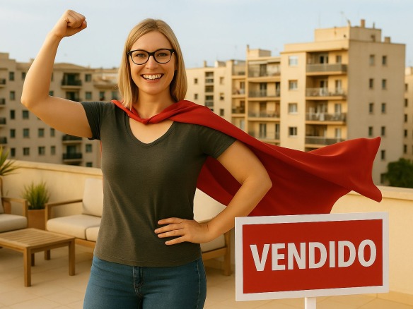Mujer rubia con gafas y capa roja sonriente en terraza sencilla de barrio en Palma, celebrando venta rápida de piso con cartel ‘VENDIDO’ visible.