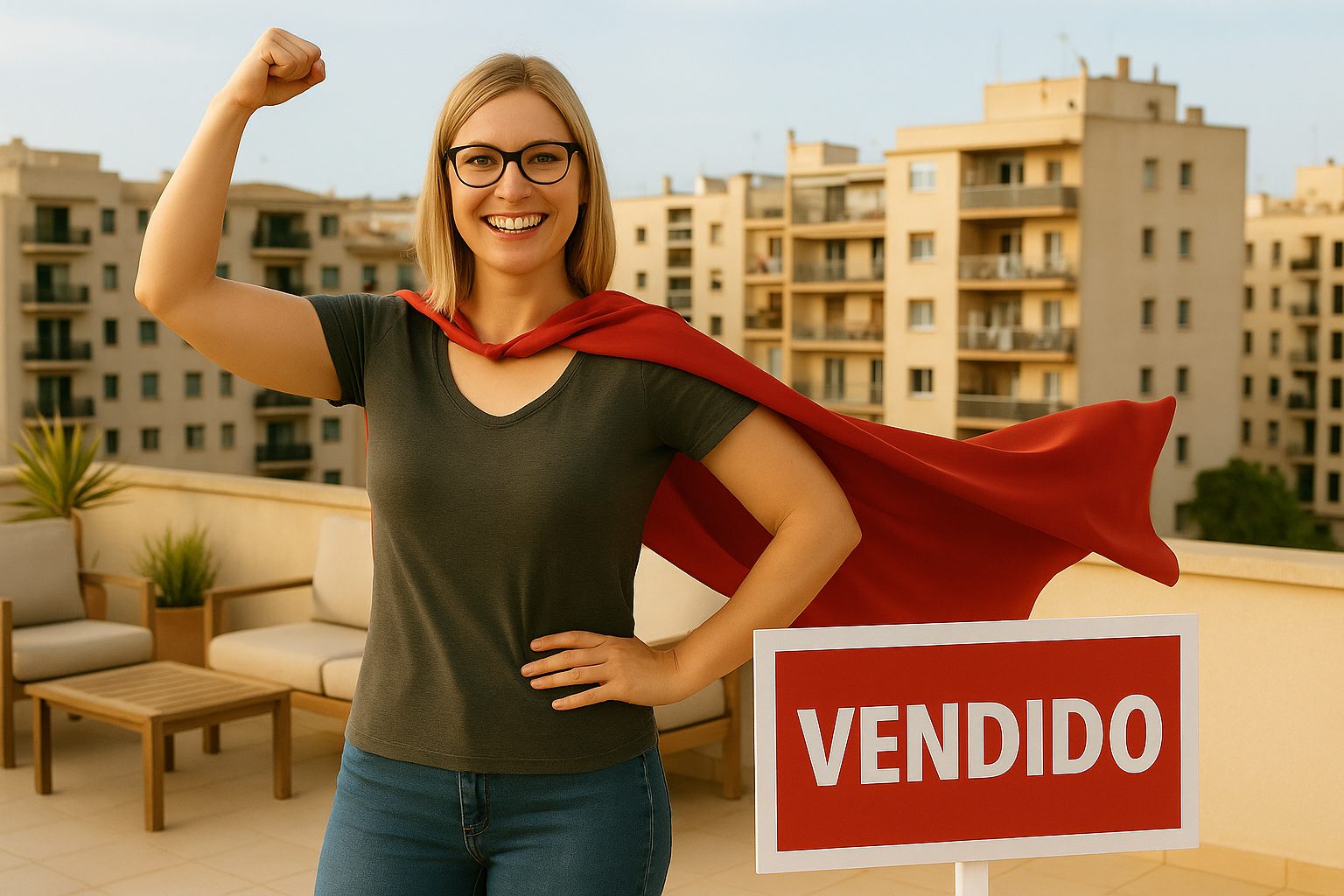 Mujer rubia con gafas y capa roja sonriente en terraza sencilla de barrio en Palma, celebrando venta rápida de piso con cartel ‘VENDIDO’ visible.